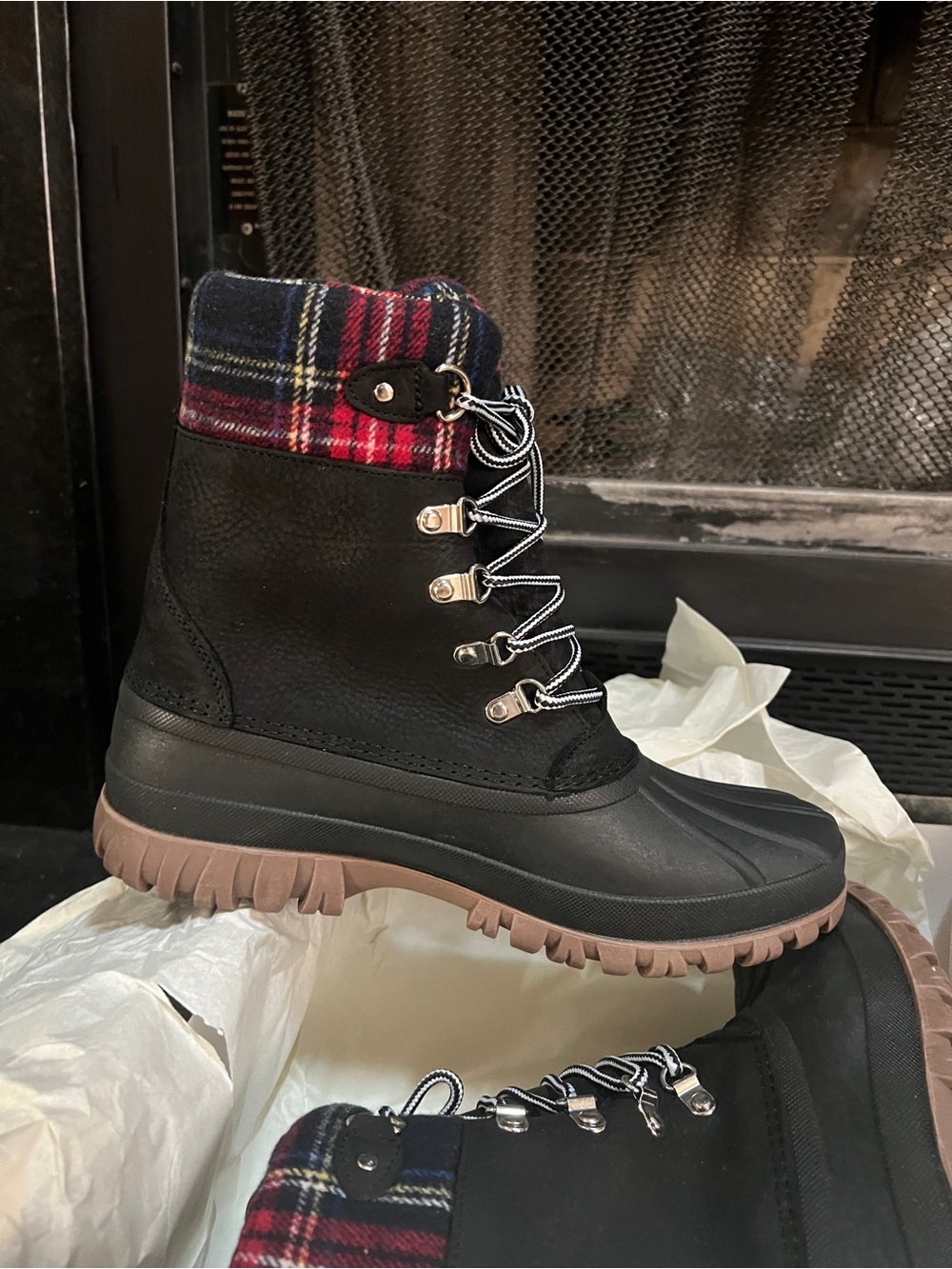 Women’s J. Crew Black Duck Boots with Red Plaid Cuff